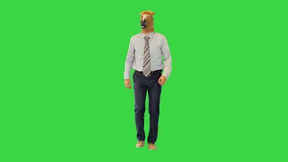 Funny Businessman Office Worker Wearing Formal Wear and Horse Mask Walk Looking Around and Dancing