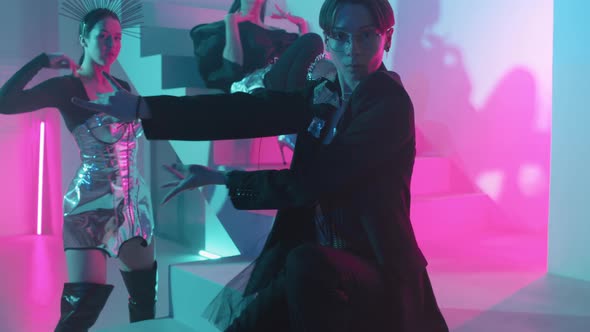 Artists on Stairs in Neon and Smoke alt