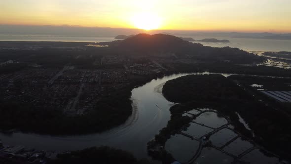Aerial view silhouette a small fishing boat alt