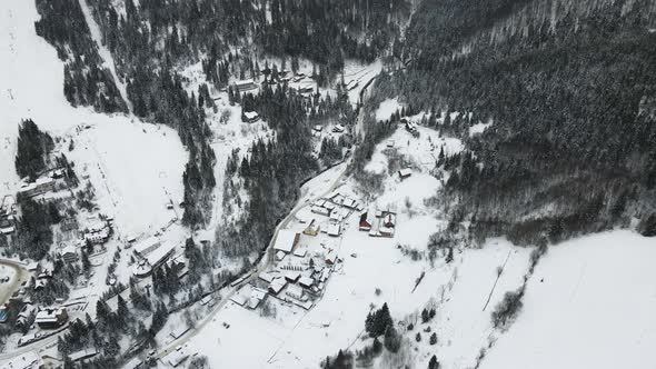 Moving  Drone Flight Over the Skiing Resort Village