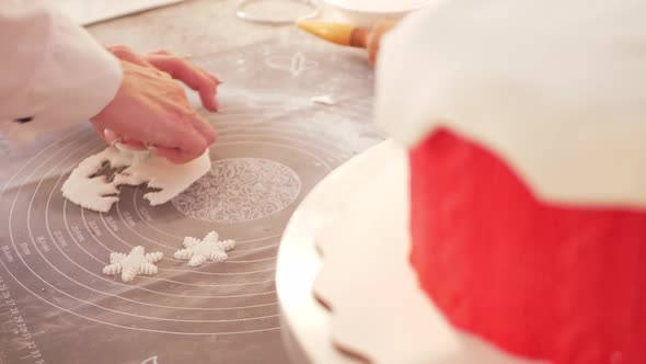 Pastry Chef Decorates Cake Snowflakes and Snow alt