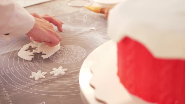 Pastry Chef Decorates Cake Snowflakes and Snow