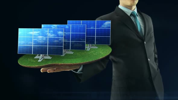 Business Man Has on Hand Green Energy Concept Build Animation Solar Panel Black