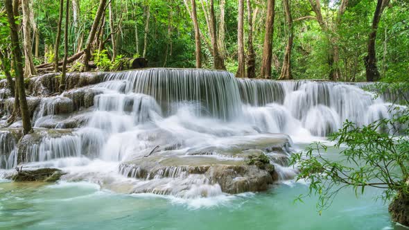 Huai Mae Khamin Waterfall sixth level, Kanchanaburi, Thailand; pan right - Time Lapse