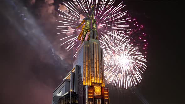 fireworks and soviet monument Rabochiy i Kolkhoznitsa, Moscow, Russia.Made of in 1937