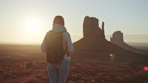 Silhouette Calm Relaxed Female Tourist Traveling in Wilderness Western American alt