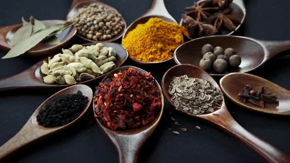 Various Indian Spices of Rotation Black Background alt