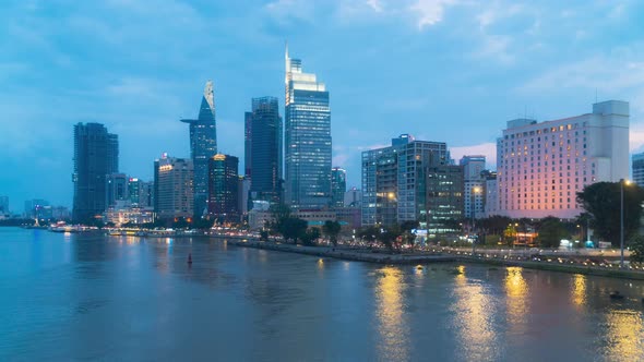 Time Lapse Day to Night Of Buildings Riverside Downtown Sai Gon, Ho Chi Minh city, VietNam alt