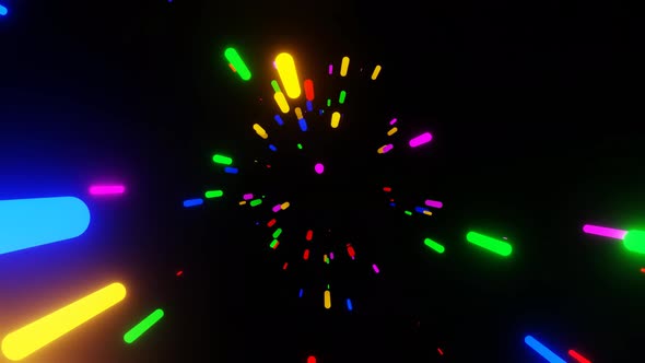 Random Abstract Multicolored Neon Tube or Sticks Lights Fly Towards the Camera on Black Background