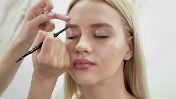 Stylist Draws Eyebrows with a Pencil for a Young Beautiful Woman alt