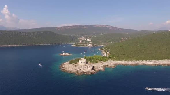 Drone View of the Arza Fortress on the Peninsula at the Mouth of the Bay of Kotor alt