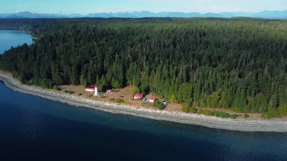 Panning drone shot over coastal lighthouse alt