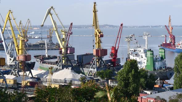 Time lapse 4K video of marine port and bulk cargo shipment terminal with moving shore cranes