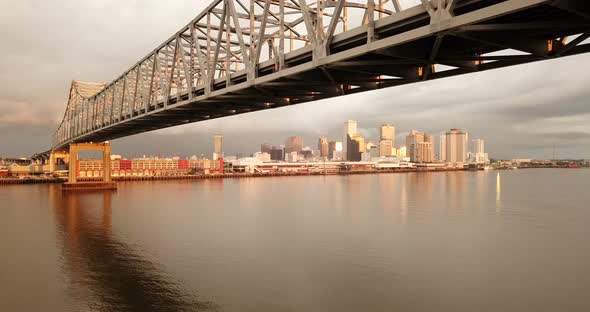 New Orleans Waterfront River Bridge Aerial