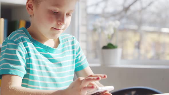 Boy is Doing  Homework at the Table. Cute Child is Learning at Home. alt