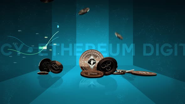 15 - 3 ETHEREUM Cryptocurrency Background with Coins, Bars and Text 4K