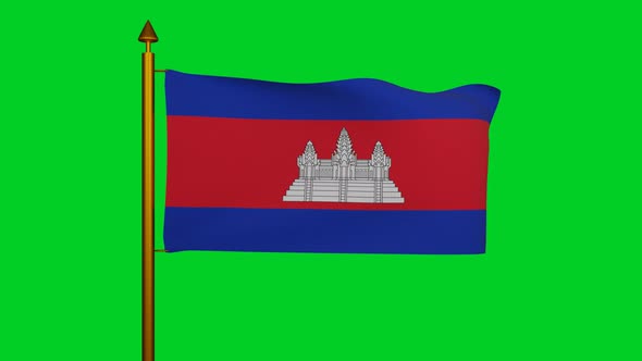 National flag of Cambodia waving with flagpole on chroma key, Kingdom of Cambodia flag textile alt