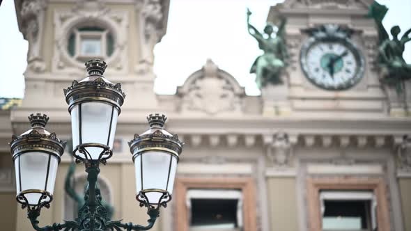 Casino of Monte Carlo building with big metallic lanterns in Monaco, close up view alt