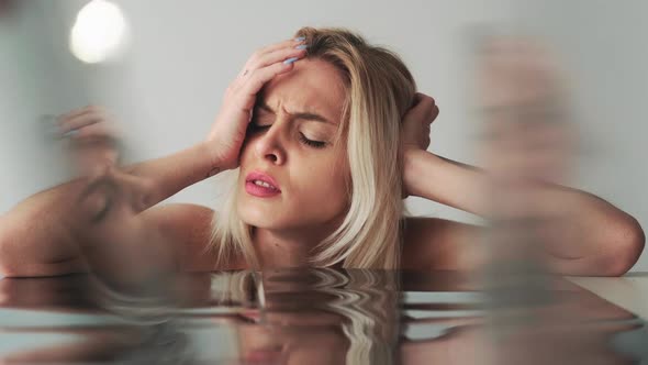 Headache Pain Stress Pressure Upset Woman Mirror alt