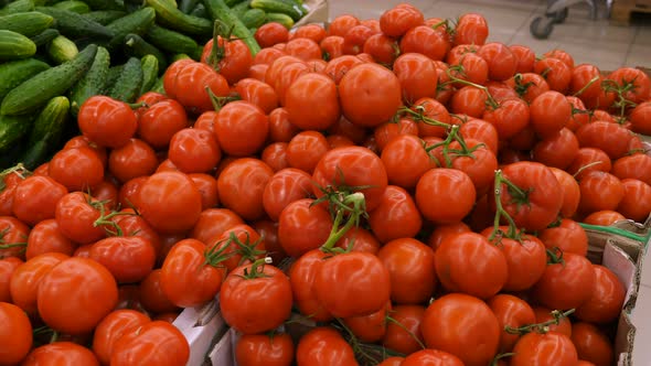 Fresh tomato and cucumbers at grocery store