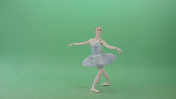 Beauty Blonde Ballerin Ballet Dancing Girl In Blue Dress Spinning over Green Screen alt
