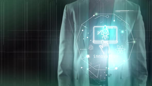 Infographics On The Topic Of Innovation On The Background Of A Businessman 4K alt