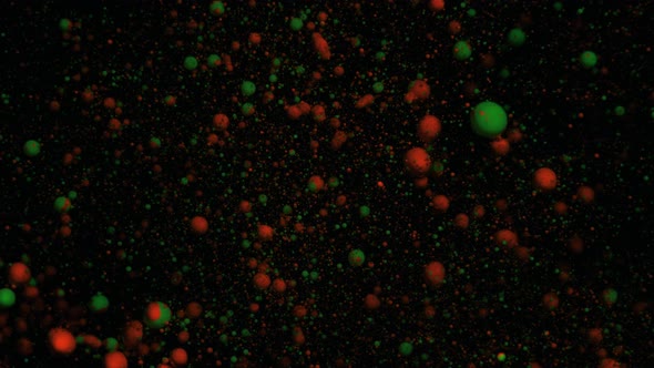 Orange and Green Volumetric Fluorescent Particles Move and Change on a Black Moving Background alt