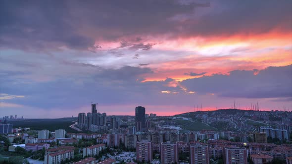 8K Evening Sky in the City Towards at Red Sunset
