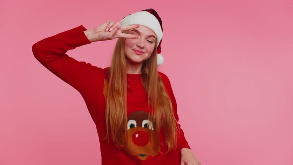 Young Adult Girl in Christmas Sweater Listening Music Dancing Disco Fooling Around Having Fun alt