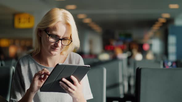 A Woman with Glasses and Summer Clothes Is Waiting for Her Flight at the Terminal of the Airport alt
