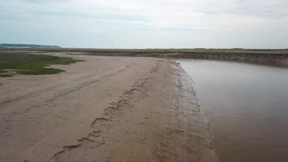 Flyover of a seal colony, seals lying on the mud bank and seals swimming on the water alt