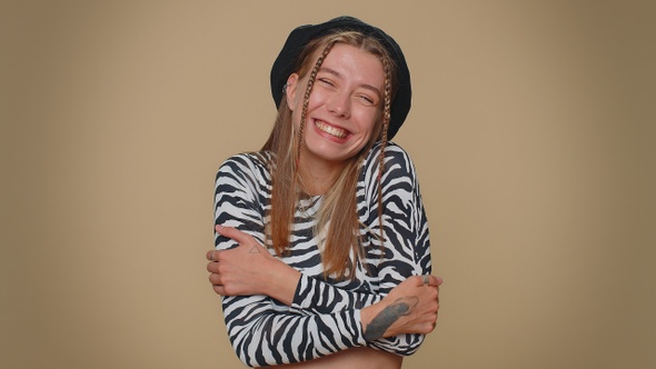 Pretty Young Woman Spread Hands and Give Hug to you Pleasant Expression Love Feelings Embrace alt