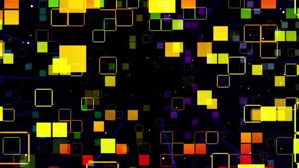 Motion Graphic Camera Fly in Art Space Multilayer Structure with Pattern Glow Particles and Lines alt