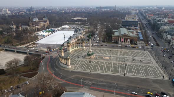 4K drone shot over Heroes square with Vajdahunyad castle view  in Budapest Hungary during a foggy da alt