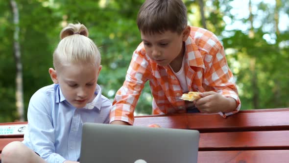 Cute Caucasian Boys Sitting on Bench in Park with Laptop Computer Doing Homework