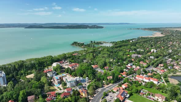 Aerial view of Lake Balaton in Balatonfoldvar, Hungary