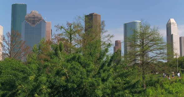 Establishing crane shot of downtown Houston alt