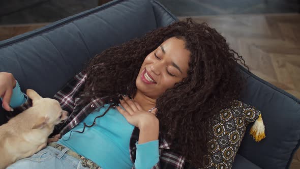 Loving Woman Resting on Sofa with Chihuahua Dog alt