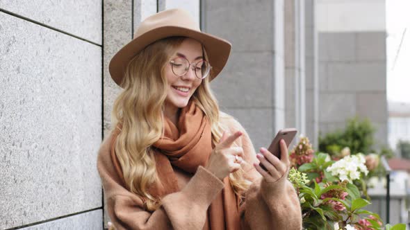 Portrait Happy Woman Typing on Phone Sitting on Balcony Young Girl Looking at Telephone Outdoor alt