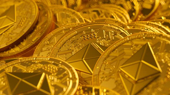 Golden Ethereum ETH pile. Loopable animation. Cryptocurrency, virtual money alt