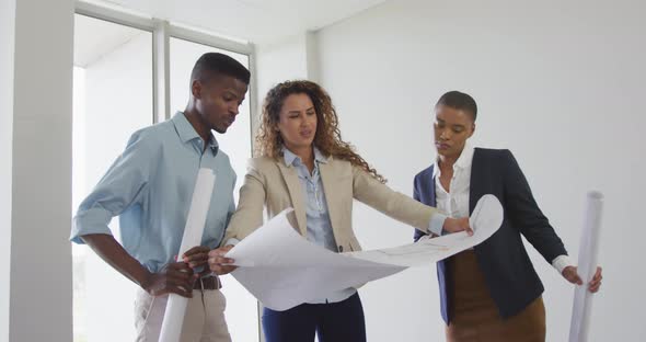 Biracial male and female architects checking architects plans in modern office alt