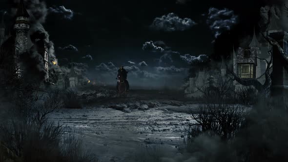 Horseman in dark medieval scenery