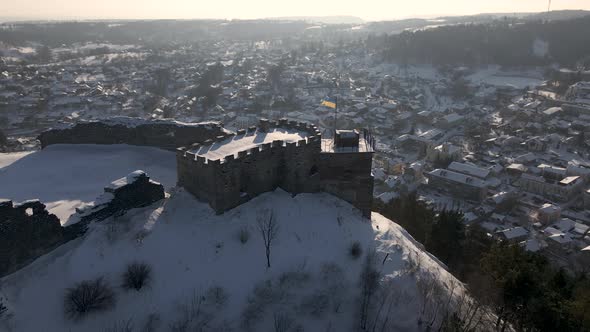 Aerial Drone View of the 13Thcentury Medieval Kremenets Castle Flag of Ukraine Country on the Top of alt