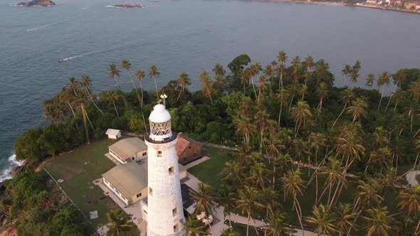 Aerial Drone View of the Old Lighthouse of White Stone Located on the Island