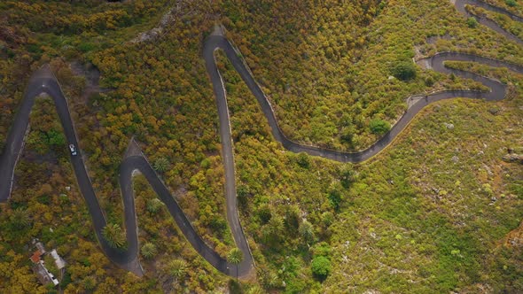 Top View of the Surface of the Island of Tenerife Car Drives on a Winding Mountain Road in a Desert alt
