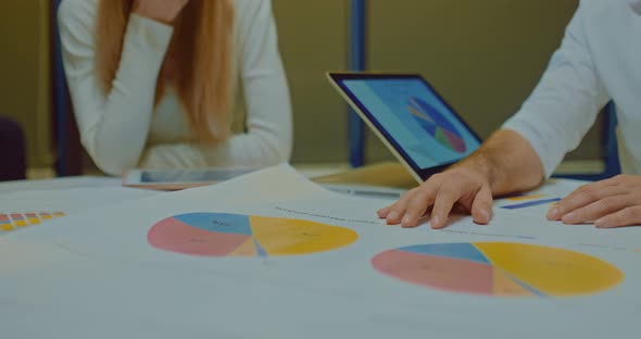 Male Manager Shows the Data of Graphs and Charts with the Finger of His Hand on a Business Project a alt