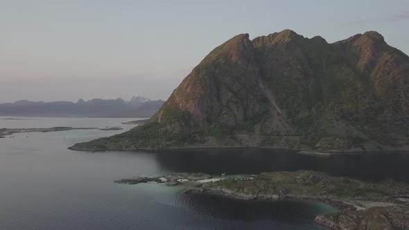 Midnight Sun in Napp, Lofoton Islands, Norway Aerial Drone 4K