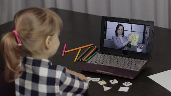 Children Distance Education on Laptop. Online Lesson at Home with Woman Teacher alt