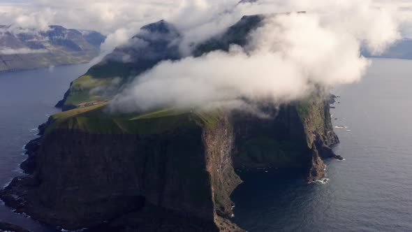 Drone Of Kallur Lighthouse On Cliff Edge On Kalsoy Island alt