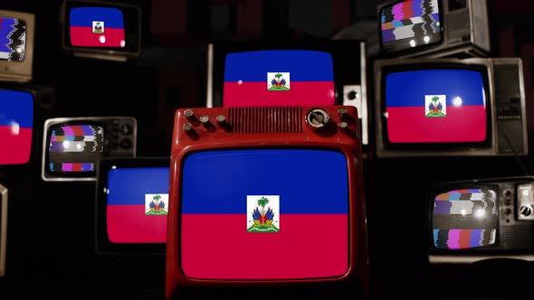 Flag of Haiti on Retro TVs. 4K.